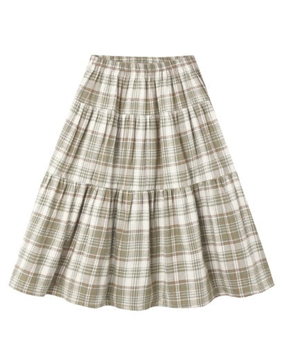 TIERED MIDI SKIRT OLIVE DOBBY PLAID